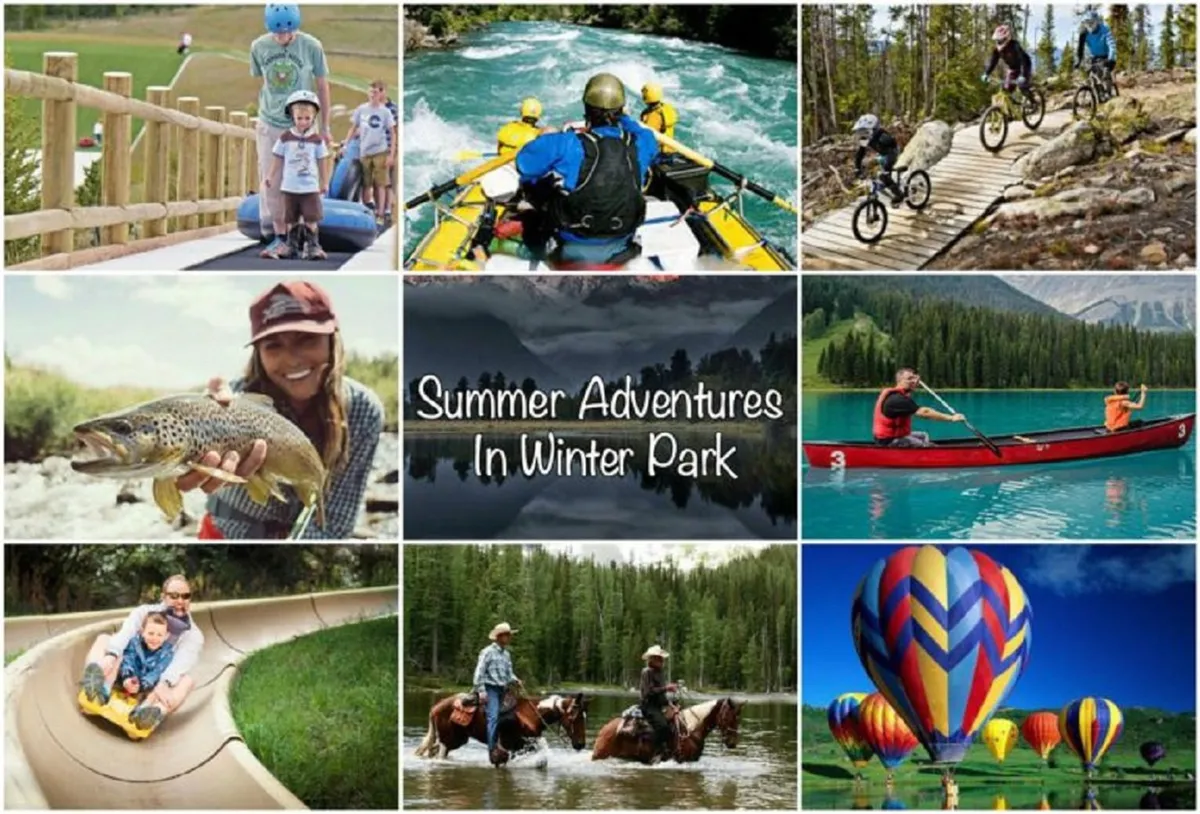 A lively summer scene featuring families rafting down rapids, cyclists on scenic trails, children sliding down a water slide, people fishing, horseback riding, and a hot air balloon rising in the background.